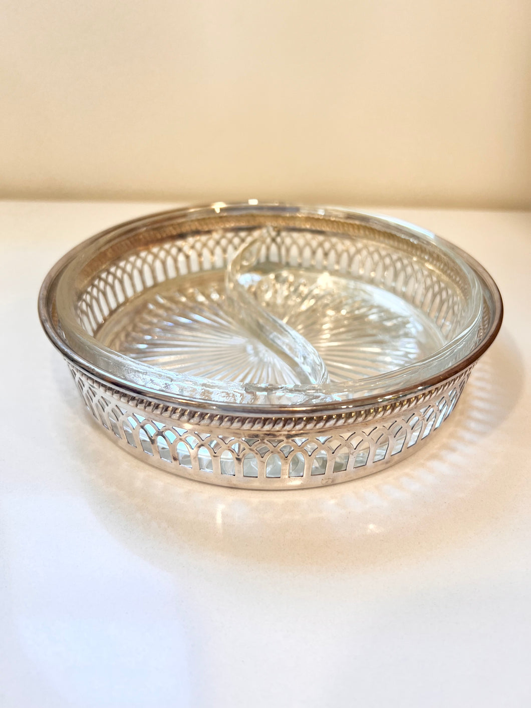 Small Vintage Silver-Plated Serving Tray with Glass Bowl
