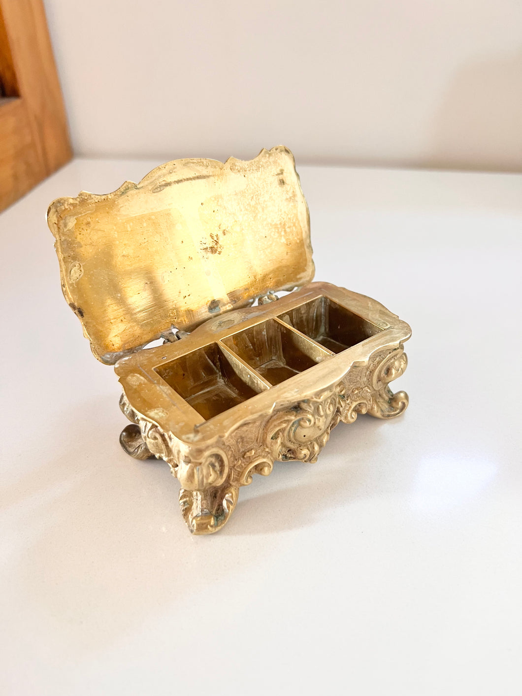 21 • Antique solid brass stamp holder with 3 compartments