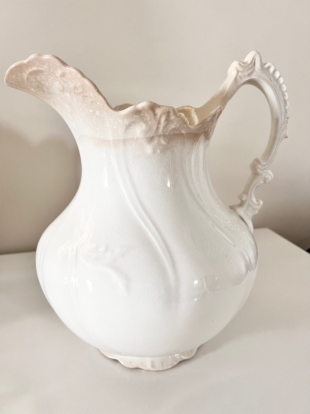 25 • Antique white pitcher with beautiful staining and crazing and perfect condition