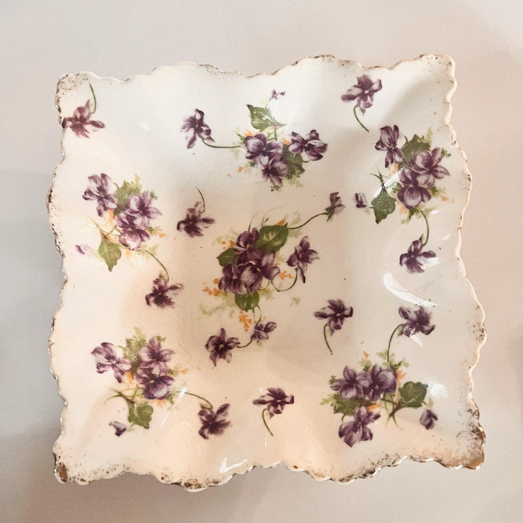 Hand-painted Square Trinket Dish with Purple Flowers